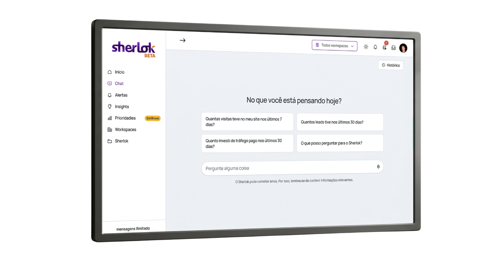 Print da ferramenta rodando com dados conectados: uma pergunta em português e a resposta pronta.